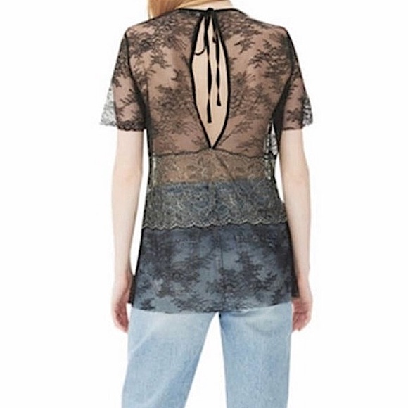 Sandro Paris  Lace Shirt  Sue Color block Panel Blouse  Tan Black - Picture 2 of 5